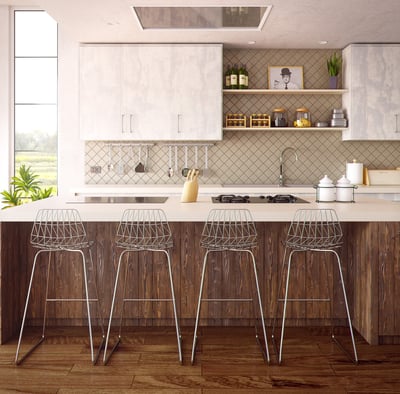 Transitional kitchen with wood island and ceramic backsplash