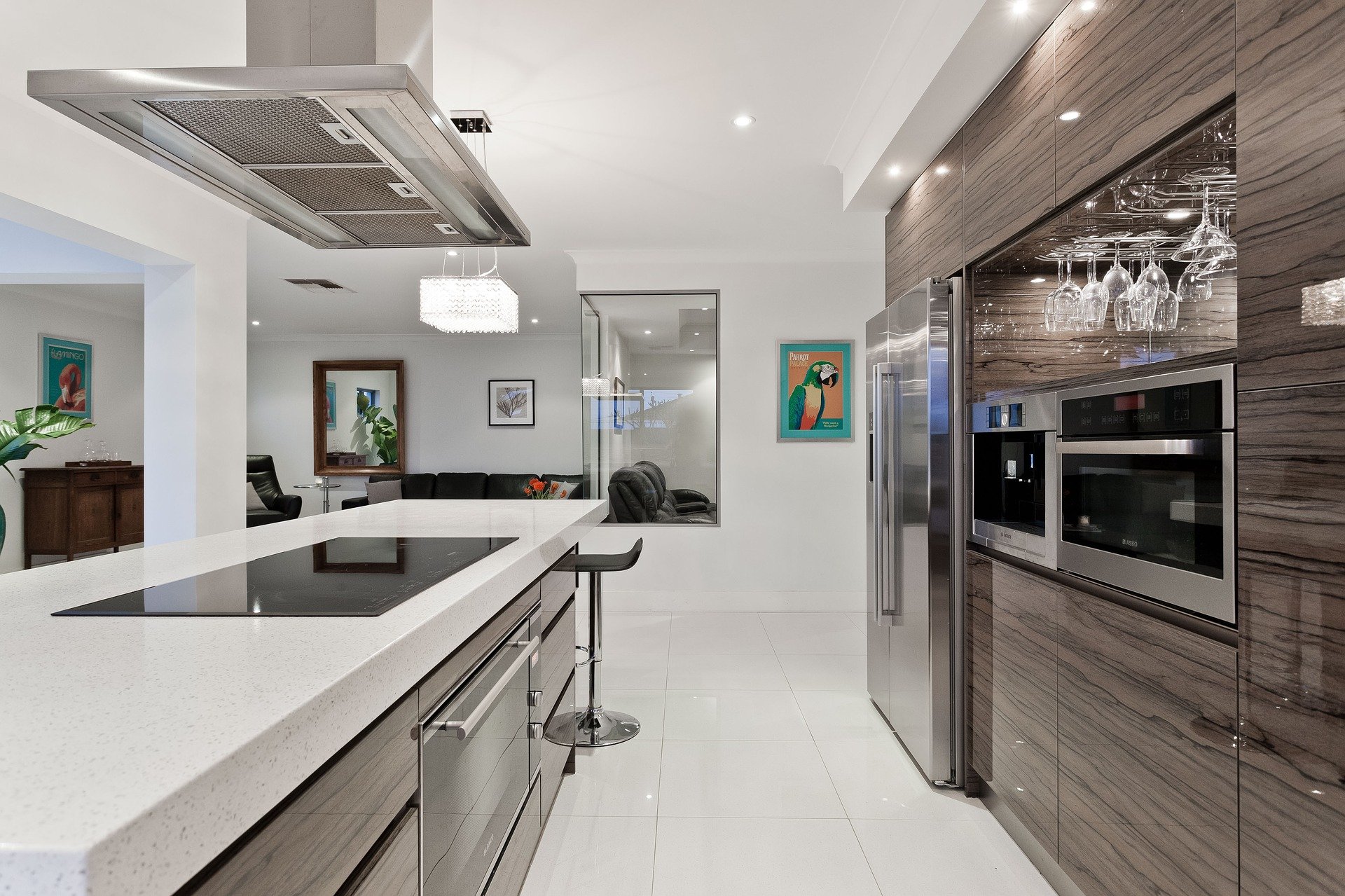modern kitchen with striated slab style cabinetry