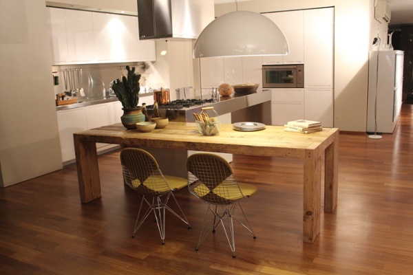 modern retro kitchen with warm wood tones